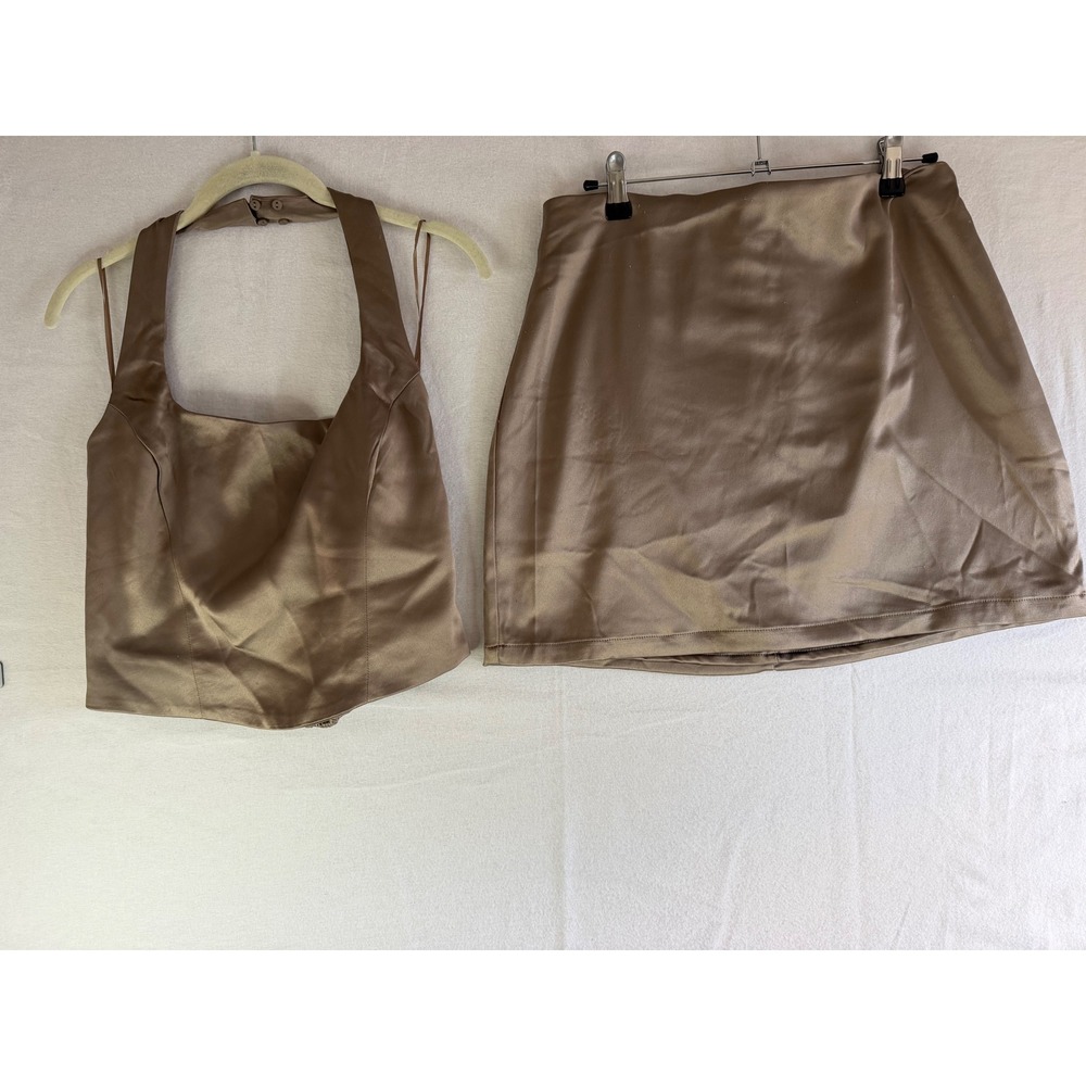 House of Harlow 1960 Bronze Satin Halter Top and Mini Skirt Set Size L